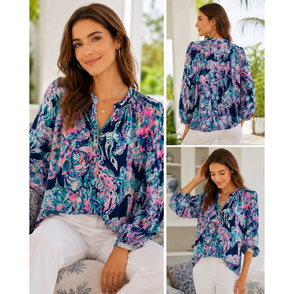 Lilly Pulitzer Elsa Silk Blouse Floral Pink Blue Top Womens Small Coastal Resort - Picture 13 of 14